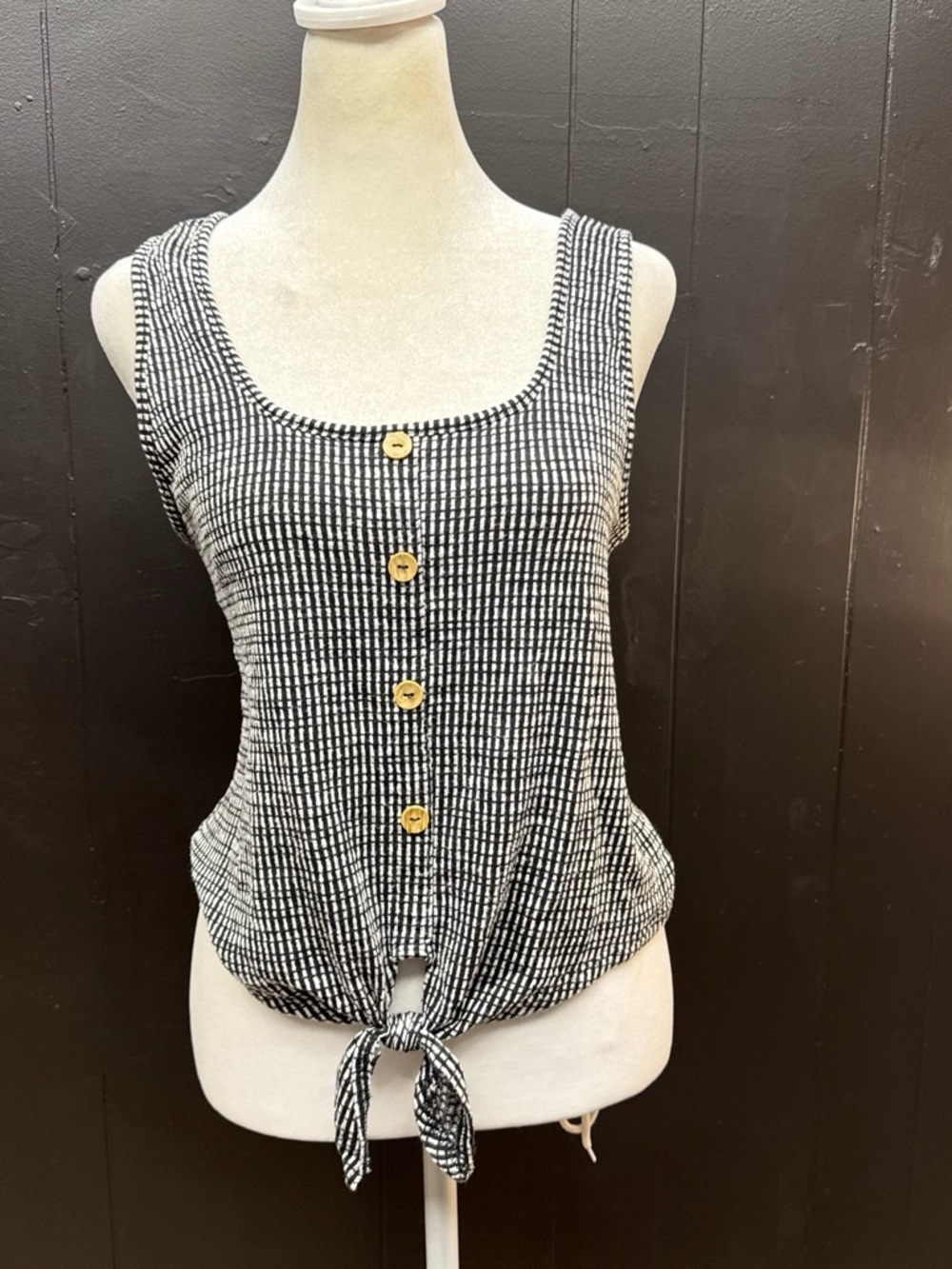 Caution To The Wind Black & White Button-Tie Tank